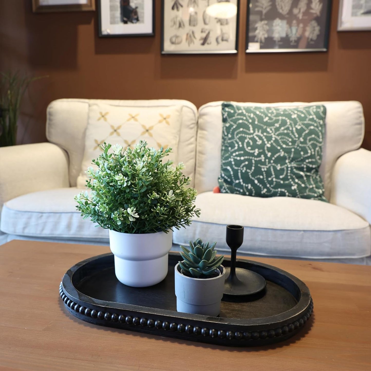 Vintage Black Oval Wood Decorative Ottoman Tray for Coffee Table Kitchen Counter, Living Room, Handcrafted Wooden Serving Tray for Table Centerpiece