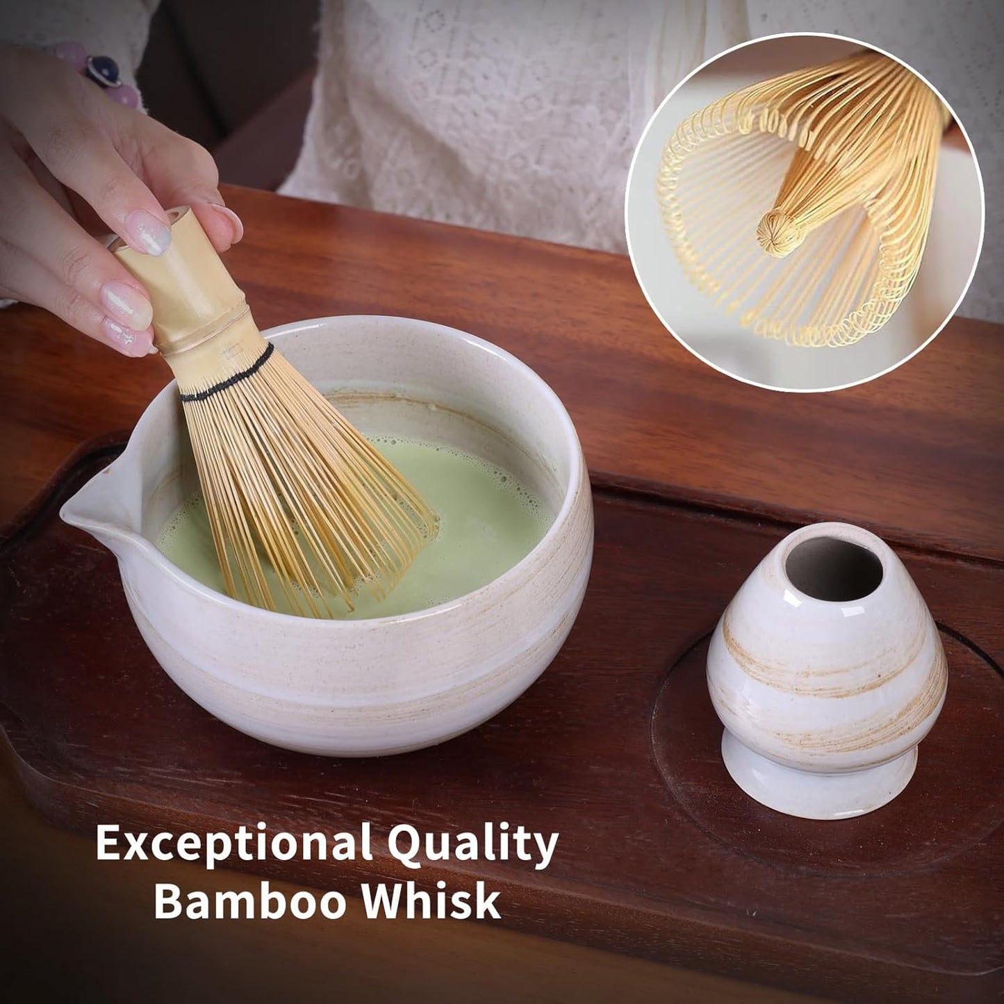 Japanese Matcha Whisk Set - 6-Piece Kit with Bamboo Chasen, Matcha Ceramic Bowl with Spout, Stainless Steel Sifter White