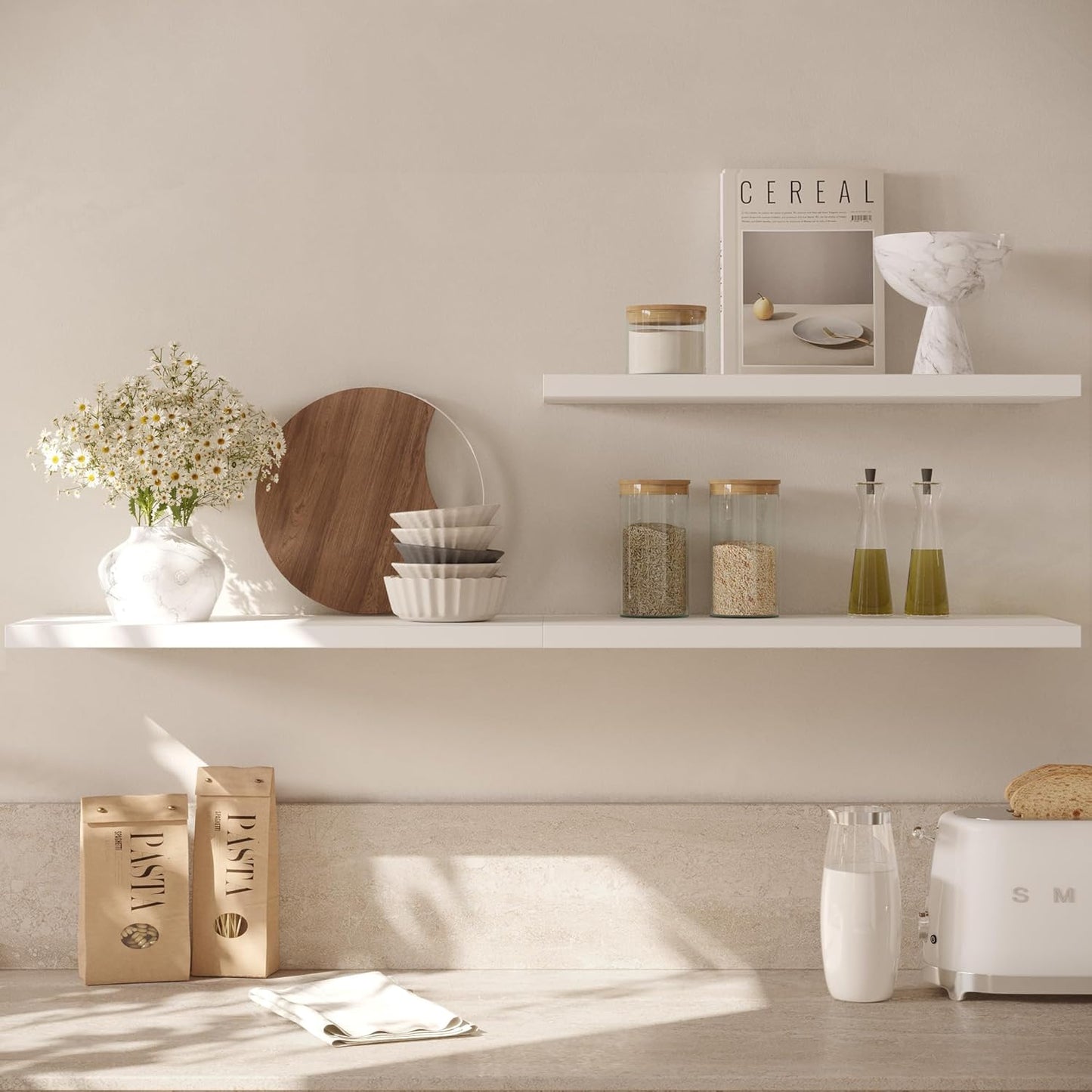 Wall Shelf Set of 3, White Floating Shelves 24 in W x 10 in D x 1 in H, Wooden Floating Wall Shelf with Invisible Brackets for Living Room/Bedroom/Bathroom/Kitchen Storage and Decor