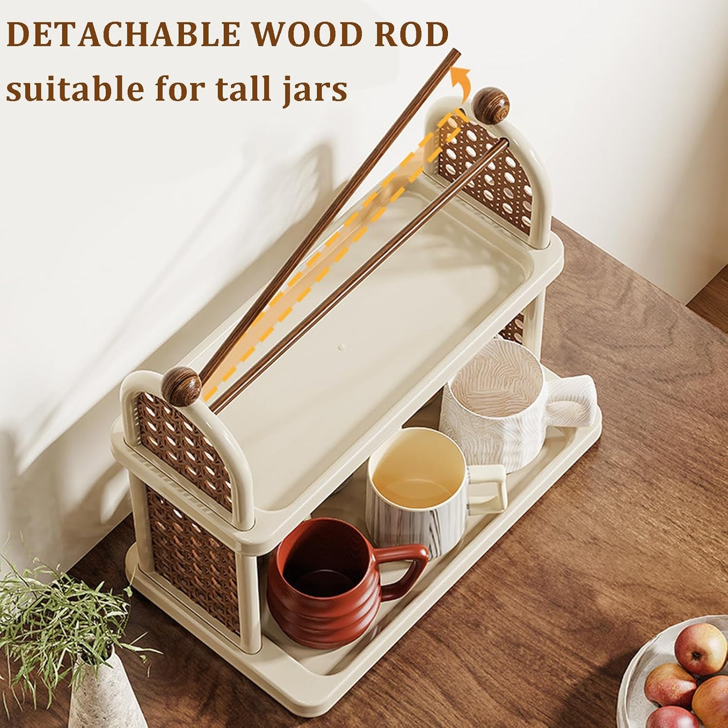 2-Tier Rattan Organizer Vintage Coffee Mug Cup Holder for Countertop Kitchen Bedroom and Living Room, Saucer Bottle Storage Kitchen Accessories (White)