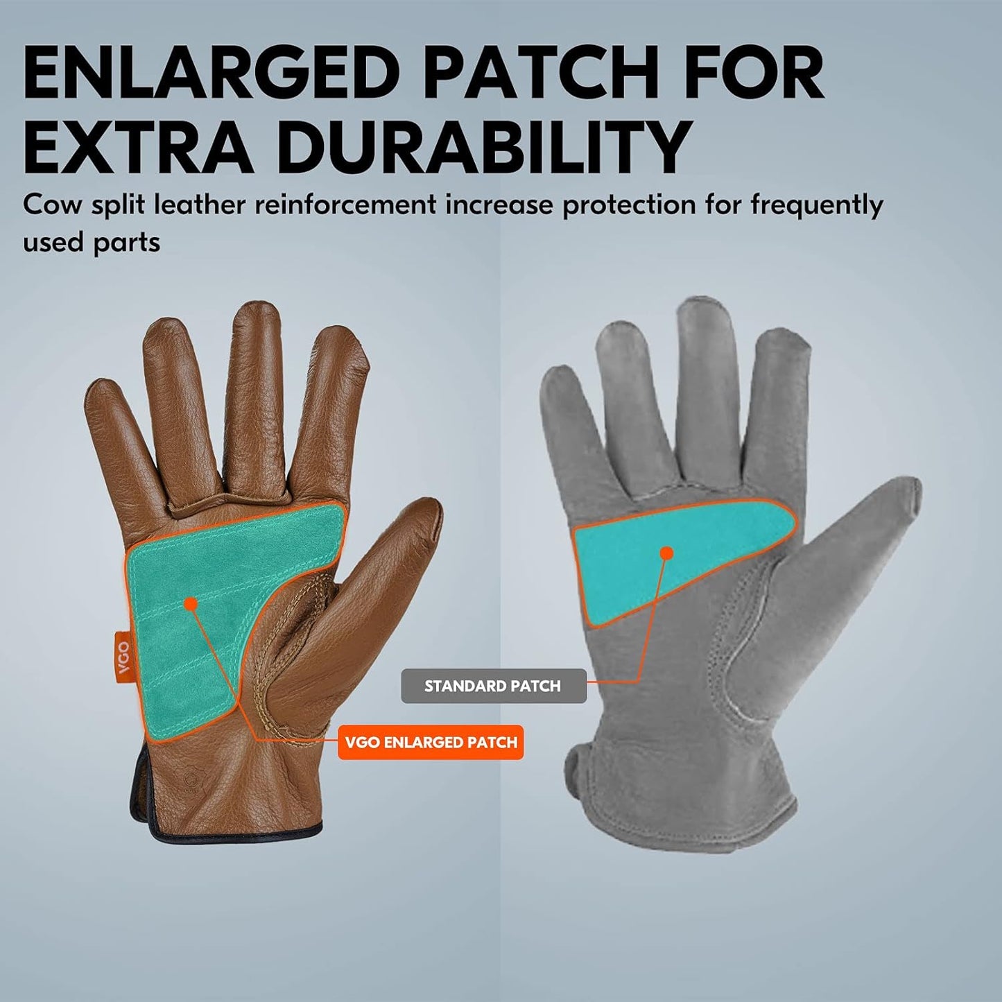 Vgo... 1-Pair Unlined Safety Cow Grain Leather Work Gloves Men, Rigger Gloves, Builder Gloves, Water Resistant, Palm Patched (Size XL, Brown, CA9597WP)