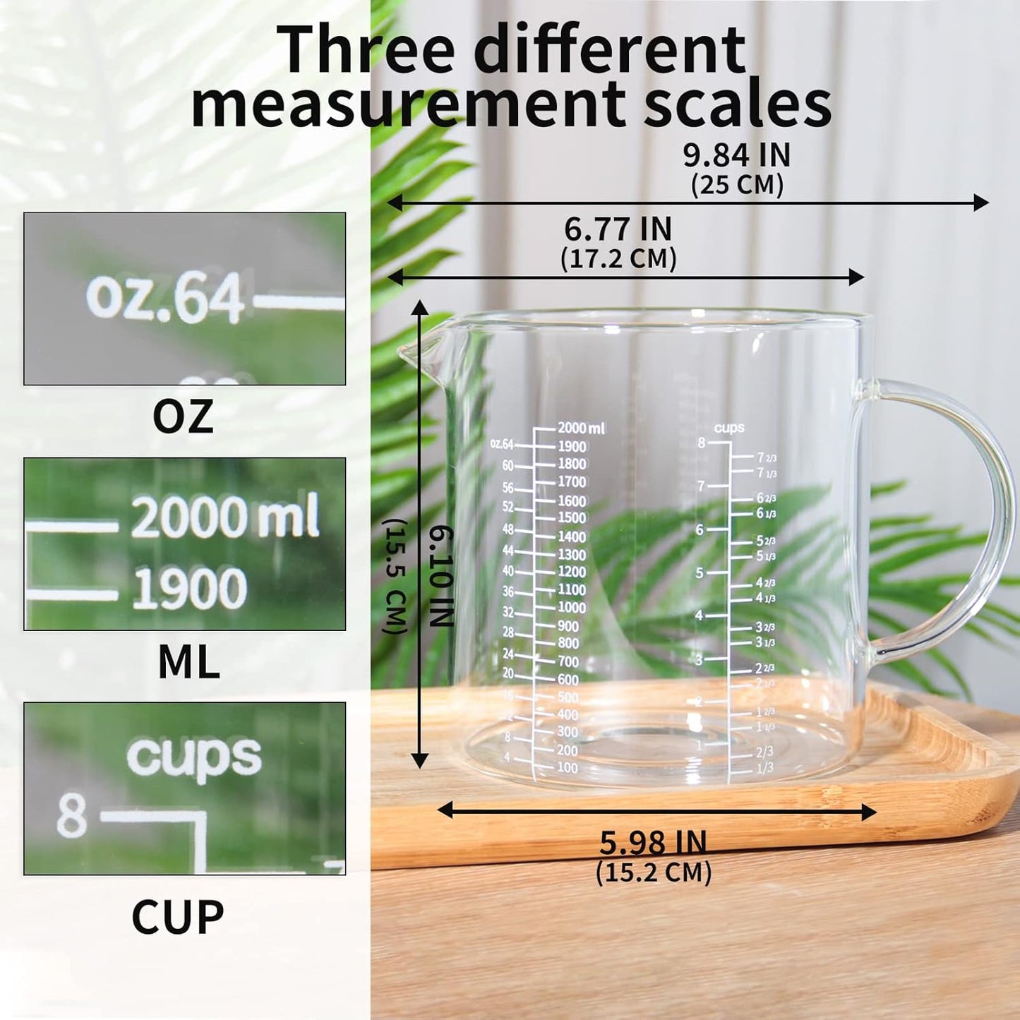 77L Glass Measuring Cup, [Insulated handle, V-Shaped Spout], High Borosilicate Glass Measuring Cup for Kitchen or Restaurant, Easy To Read, 2000 ML (2 Liter, 8 Cup)