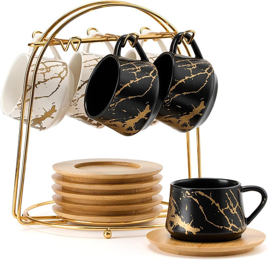 LUKA Ceramic Espresso Cups with Saucers and Metal Stand, Small 4 oz Porcelain Demitasse Cups Set of 6, Cute Cappuccino Coffee Cups for Double Espresso, Tea, Marbling White & Black