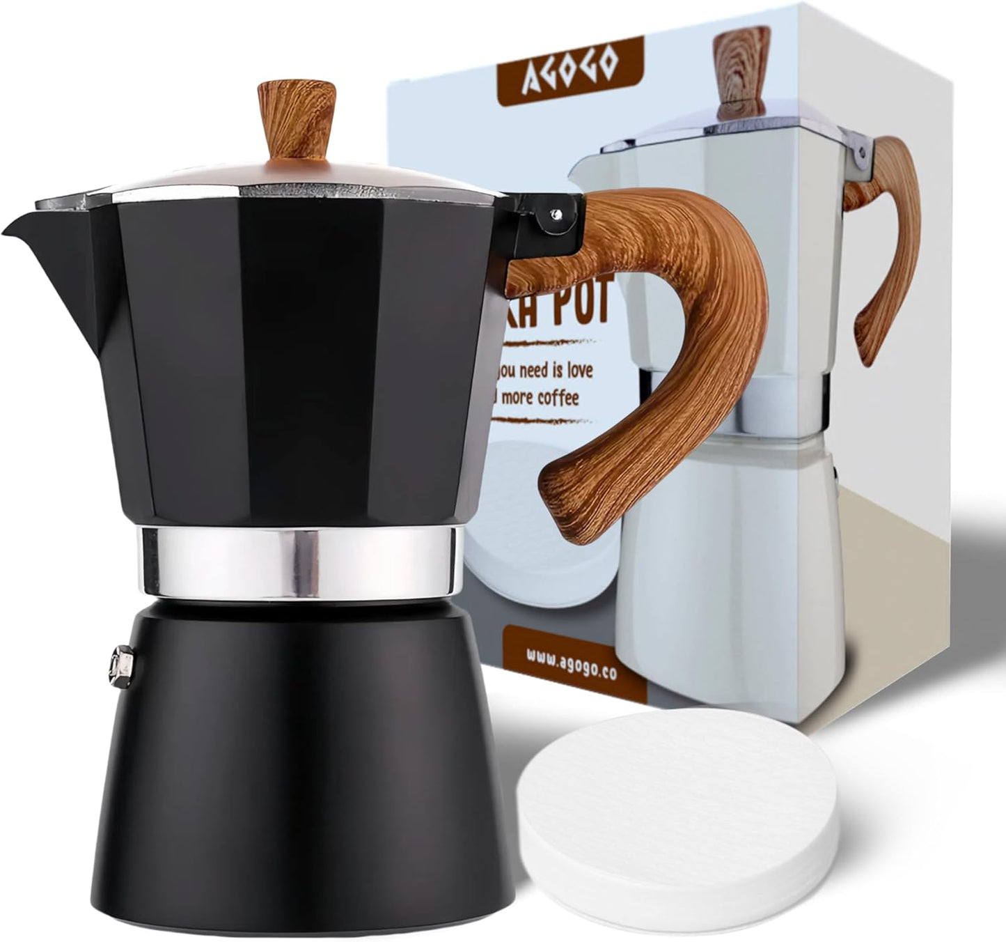 AGOGO Milano Moka pot, Stovetop Espresso maker, Greca Coffee Maker, Stovetop coffee maker and espresso maker percolator With Paper Filter 6 Cup Black