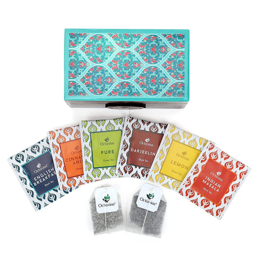 Octavius Assortment of 6 Black & Green Teas - 30 Enveloped Tea Bags in Ornate Floral Art Wooden Box | Tea Sampler Assortment Box Tea Variety Pack | Tea gift for Tea Lovers, Family, Friend