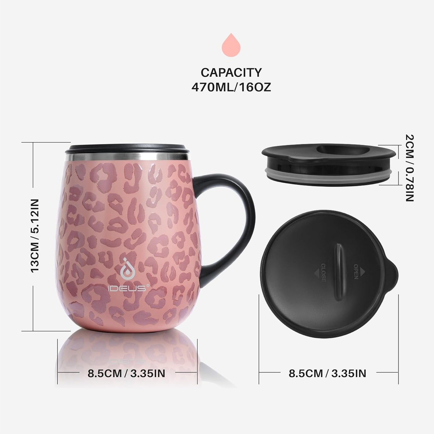 Ideus 16 oz (470 ml) Insulated Coffee Mug with Handle and Lid, Double Wall Stainless Steel Vacuum Thermal Coffee Mug, Travel Coffee Cup Thermal Cup for Home and Office, Leopard Pink