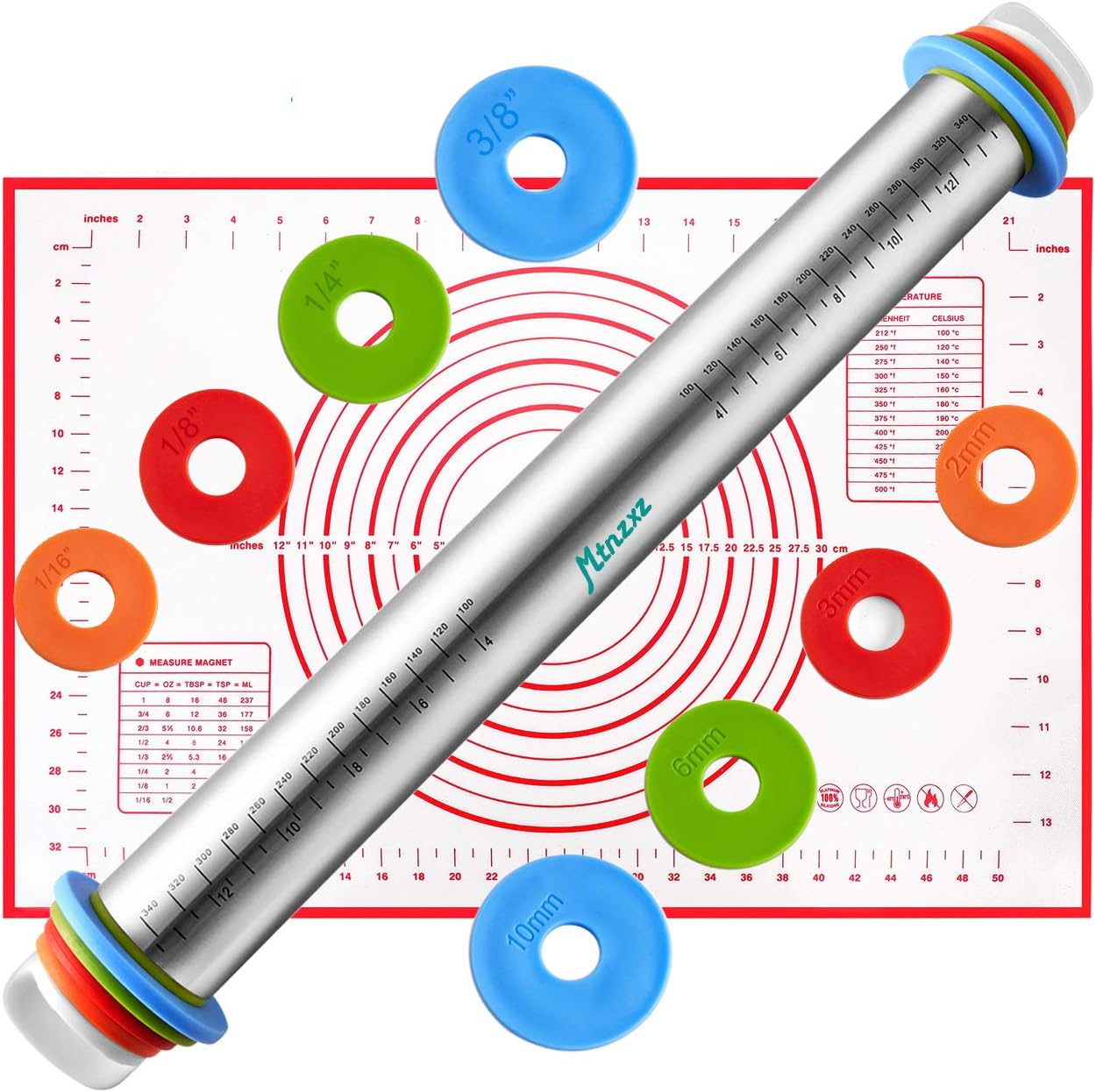 Rolling Pin and Silicone Baking Pastry Mat Set, Stainless Steel Dough Roller, Rolling Pins with Adjustable Thickness Rings, for Baking Fondant, Pizza, Pie, Pastries, Pasta, Cookies