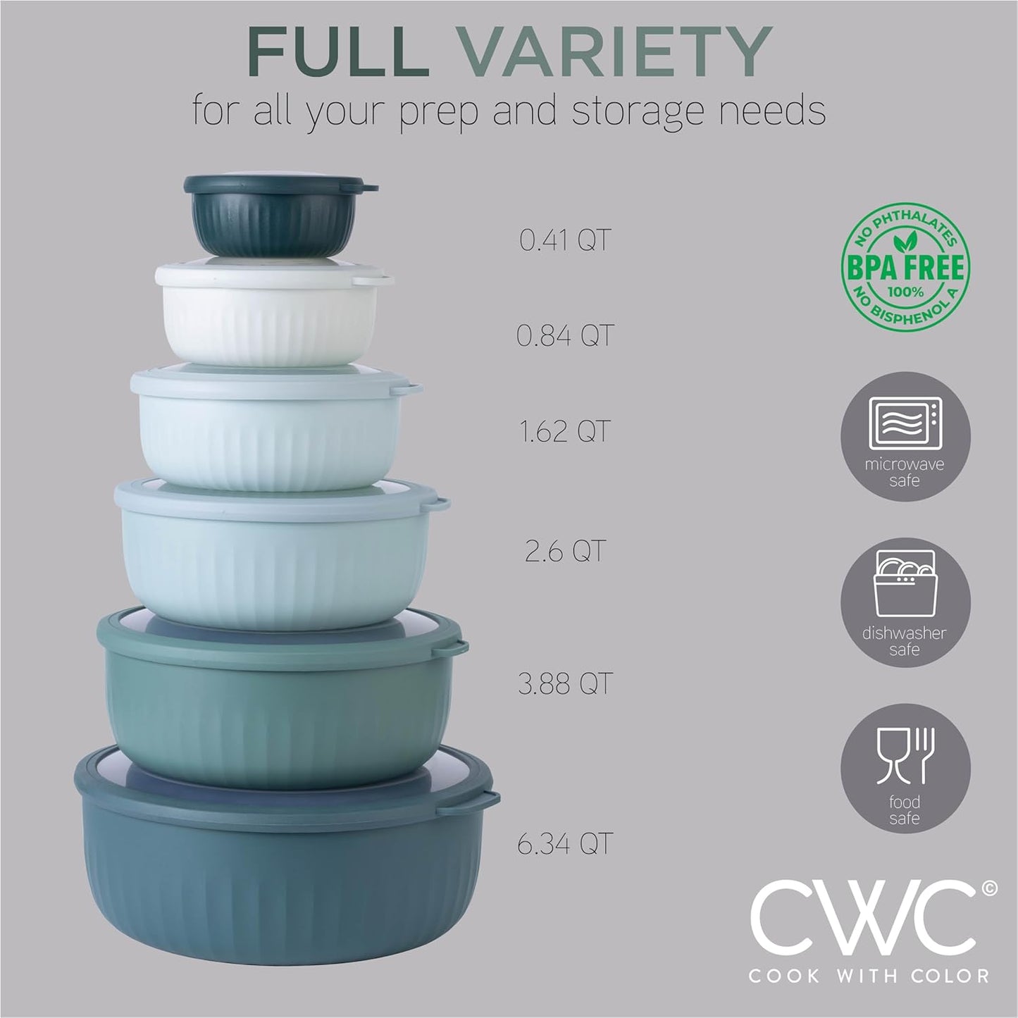 COOK WITH COLOR Prep Bowls with Lids- Wide and Deep Nesting Plastic Small Mixing Bowl Set with Lids, 12 Piece Set - Wide Bowls, Teal
