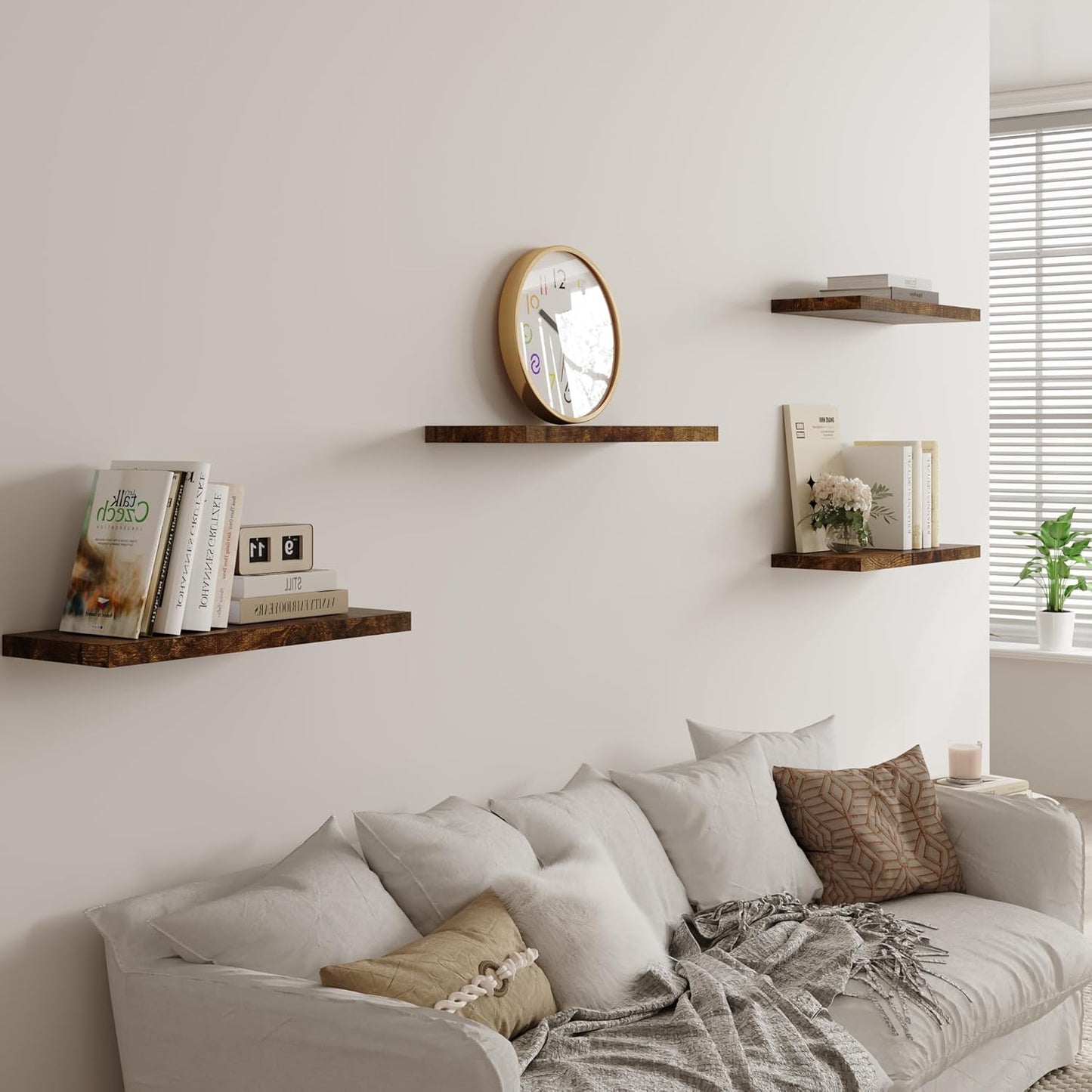 Wall Shelf Set of 3, Rustic Brown Floating Shelves 24 in W x 10 in D x 1 in H, Wooden Floating Wall Shelf with Invisible Brackets for Living Room/Bedroom/Bathroom/Kitchen Storage and Decor