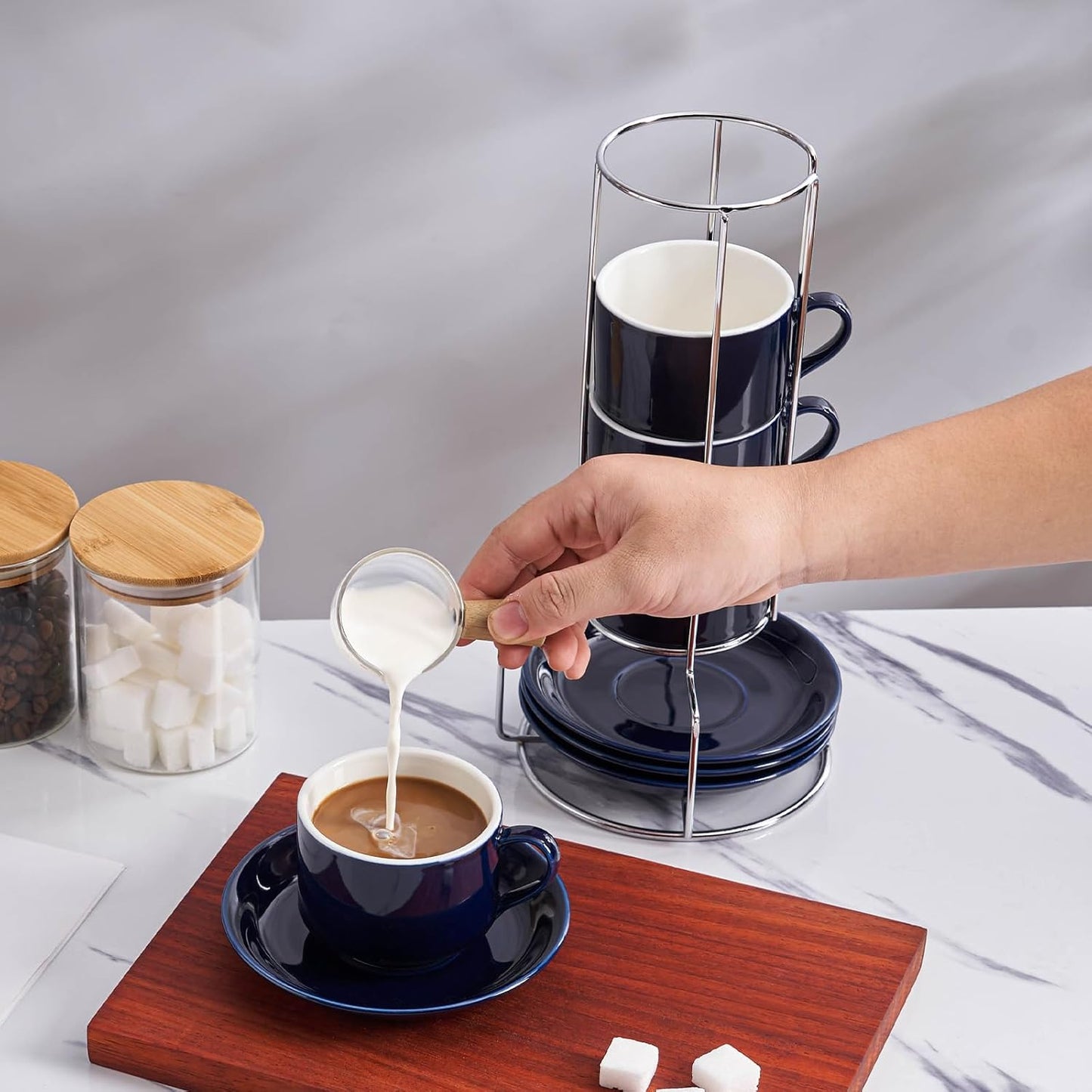 8 Ounce Porcelain Cappuccino Cups with Saucers and Silver Stand, Navy Cups Set of 4