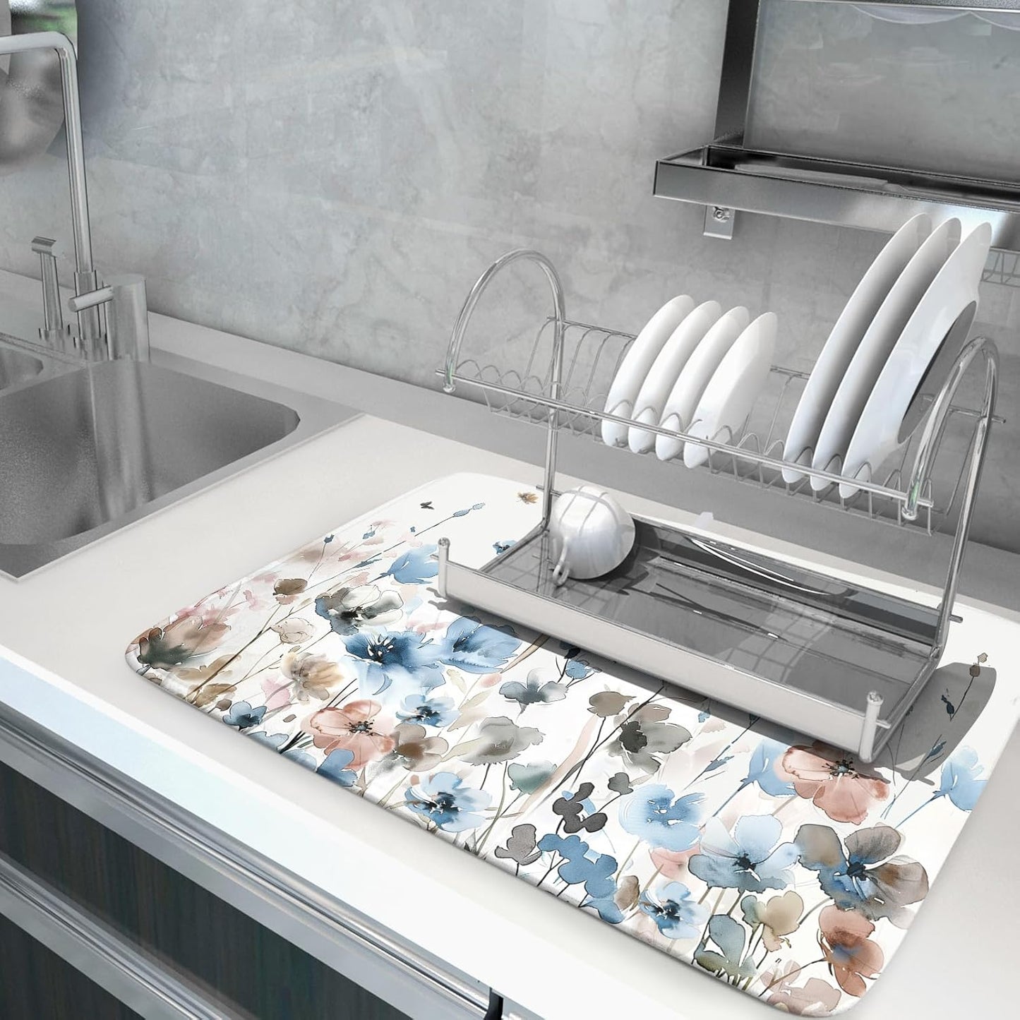 Giwawa Watercolor Floral Dish Drying Mat, 18"x24" Blue Grey Brown Flowers Kitchen Drainer Mats, Spring Summer Wildflower Microfiber Large Dish Drying Pad for Countertop Tabletop Decoration