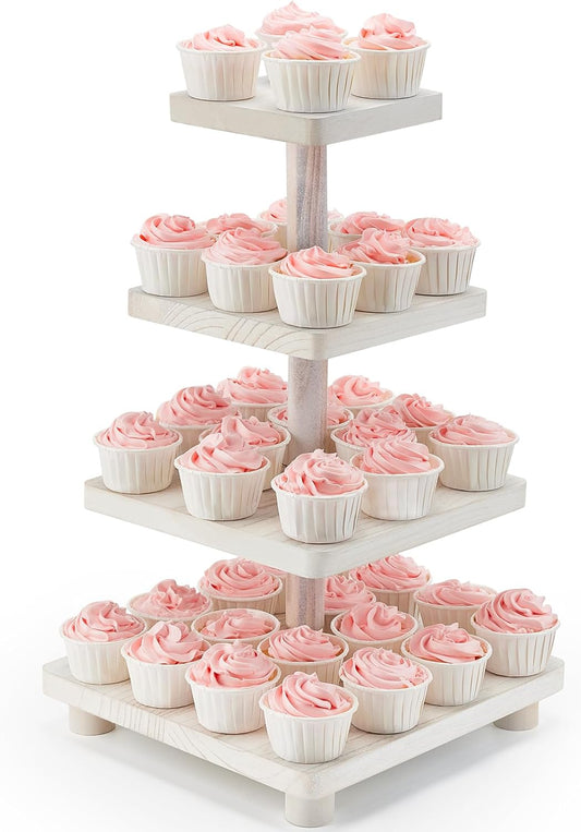 4 Tier Cupcake Stand,Wood Cake Stand with Tiered Tray Decor,Rustic Cake Stand,Cupcake Display for Home Tea Party, Birthday, Wedding, Farmhouse Decor,Woodland Baby Shower…