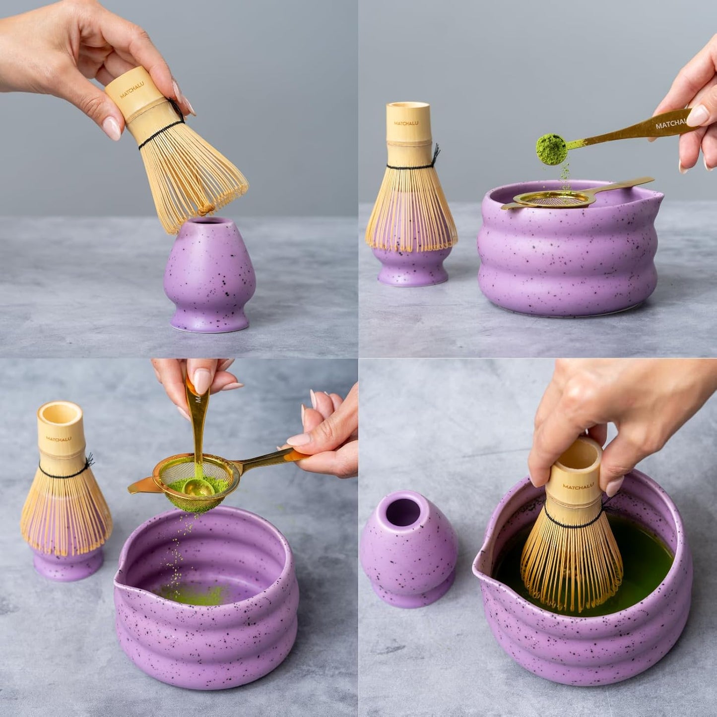 Premium 9 Piece Matcha Set Includes Ceramic Matcha Bowl, Bamboo Whisk & Holder, Stainless Steel Spoon & Sifter, Glass Cup & Straw, Electric Frother, Storage Bag - Gift for Matcha Lovers (Purple)