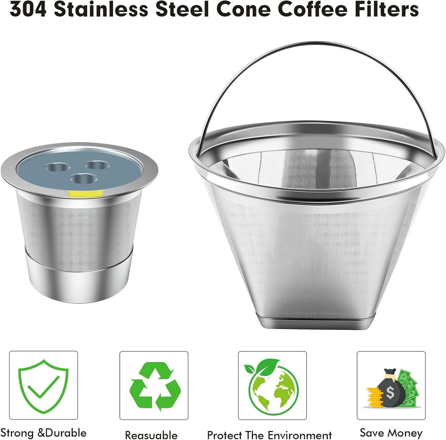 Stainless Steel Reusable Coffee Filter Compatible with Coffee Maker, Reusable Coffee Pods with 4 Cone Coffee Filters, Reusable Coffee Filters for Ninja CFP201 CFP300 CFP301 CFP307