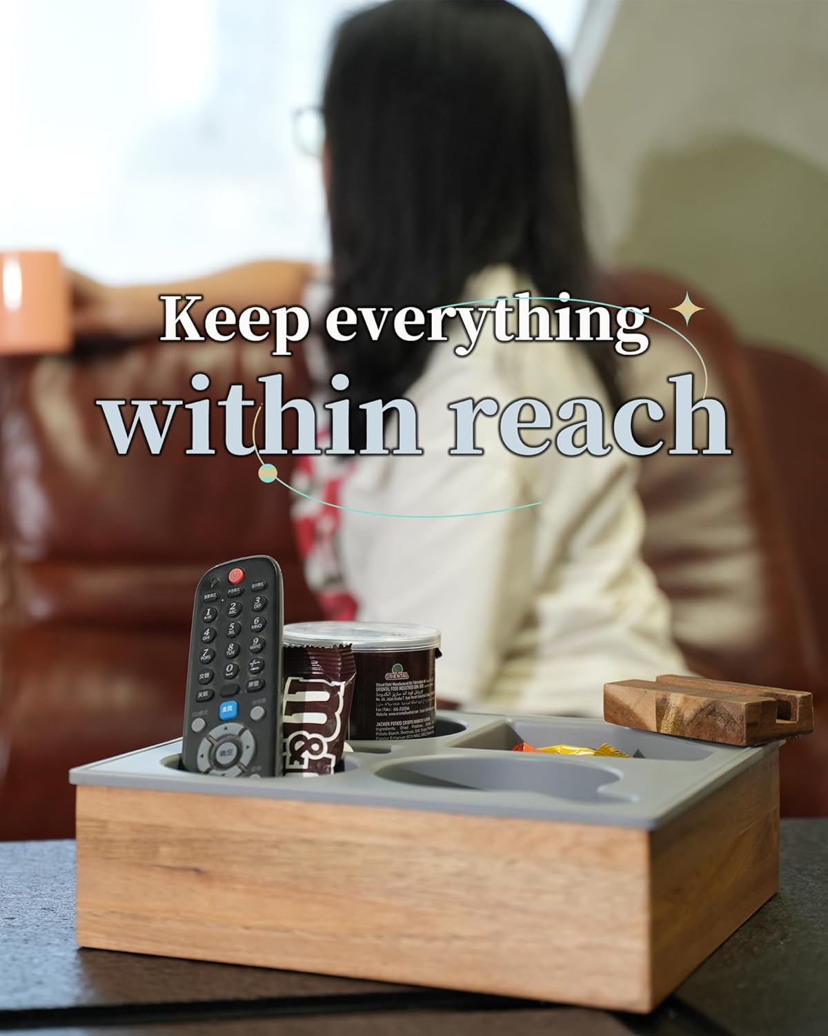 Couch Cup Holder Tray, Handy Soft Silicone Acacia Wooden Couch Caddy for Bed Car Seat Beach Organizer, Waterproof Anti-spill Couch Drink Holder for Snacks Beverage Remote (Gray)