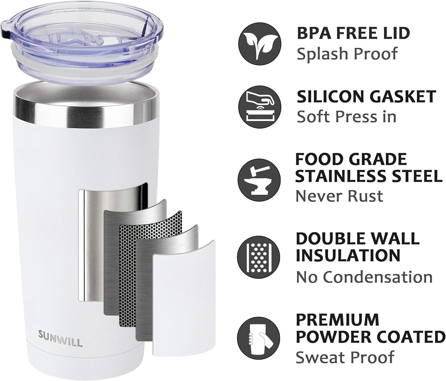 SUNWILL Travel Coffee Tumbler 20 oz, Insulated Mug with Lid, Stainless Steel Cup for Hot and Cold Drinks, Powder Coated White