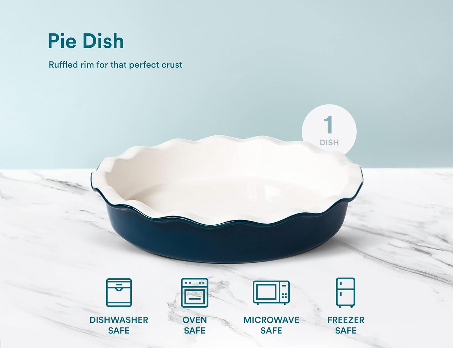 KooK Deep Dish Pie, Pecan Dessert Dish, Porcelain, Ceramic, Deep Dish Plate 10 Inch, Apple Pie, Ruffled Wave Edge, Reusable Round Pan, Oven and Dishwasher Safe, 44 Oz (Navy Blue)