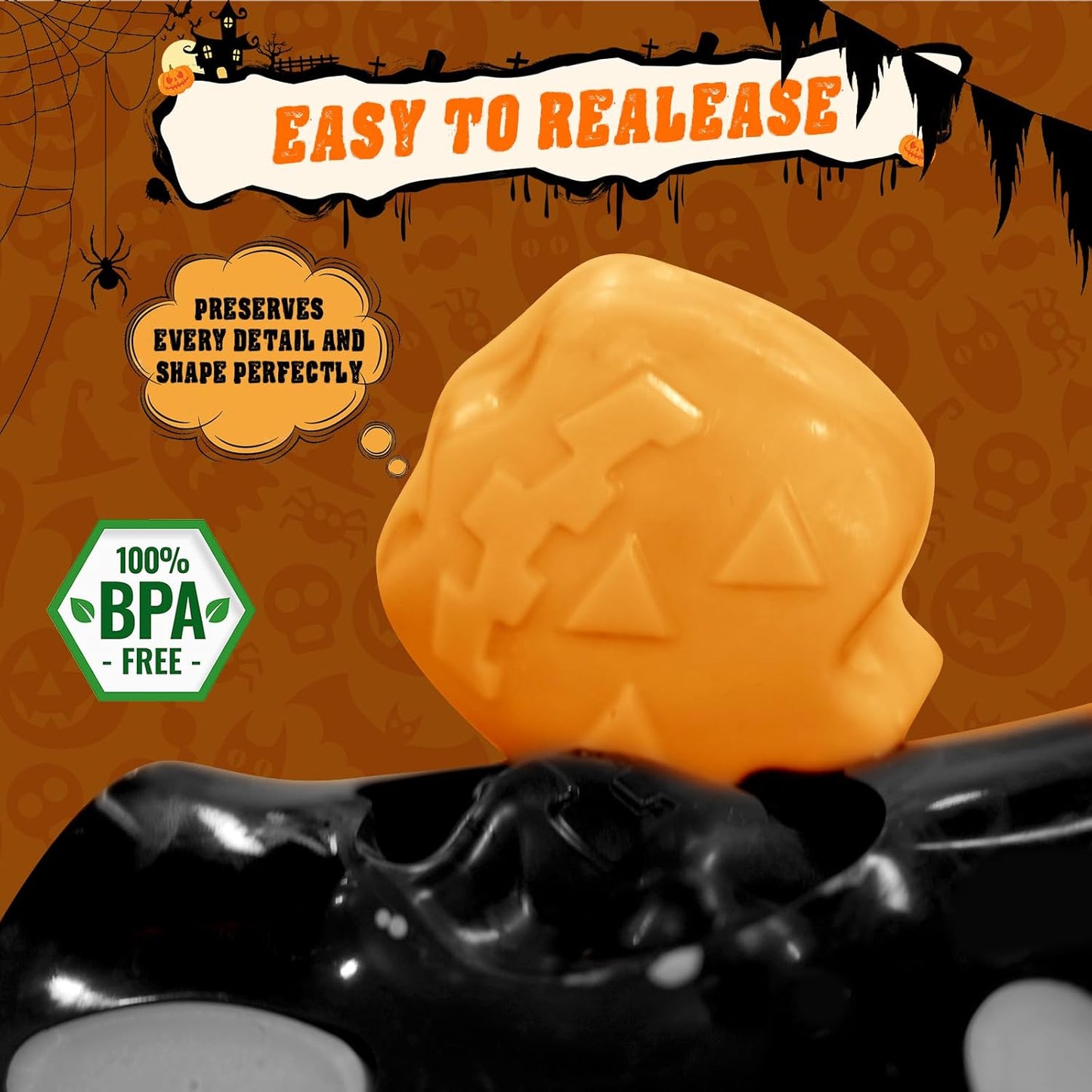 Halloween Silicone Molds Set 19 Shapes Large Baking Molds Pack of 4 Including Pumpkin Skull Ghost Bat Hat Spider Web House Molds, 3D Spooky Homemade Soap Candle Ice Pan Muffin Cupcake Moulds Oven Safe