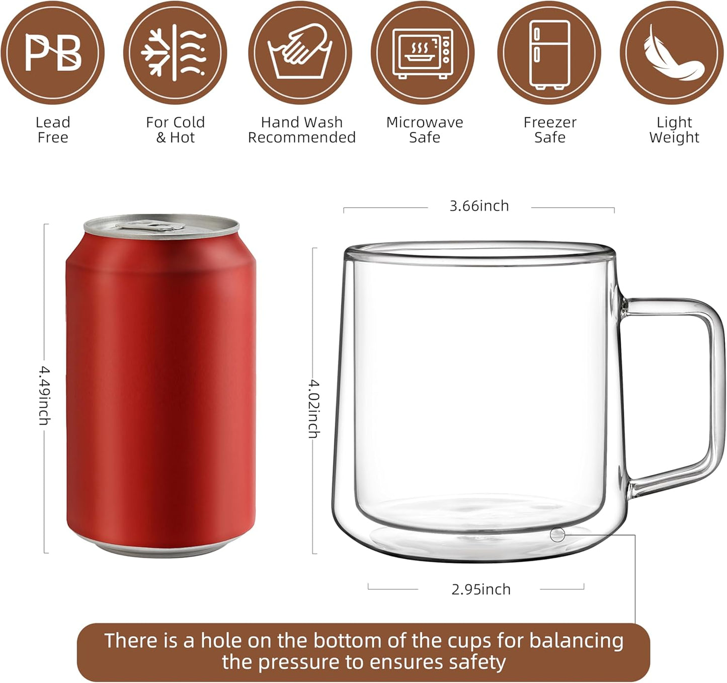 CNGLASS 15oz Double Walled Glass Coffee Mugs,Large Insulated Glass Mugs with Handle,Clear Coffee Cups for Espresso,Latte,Cappuccino,Tea,Set of 2