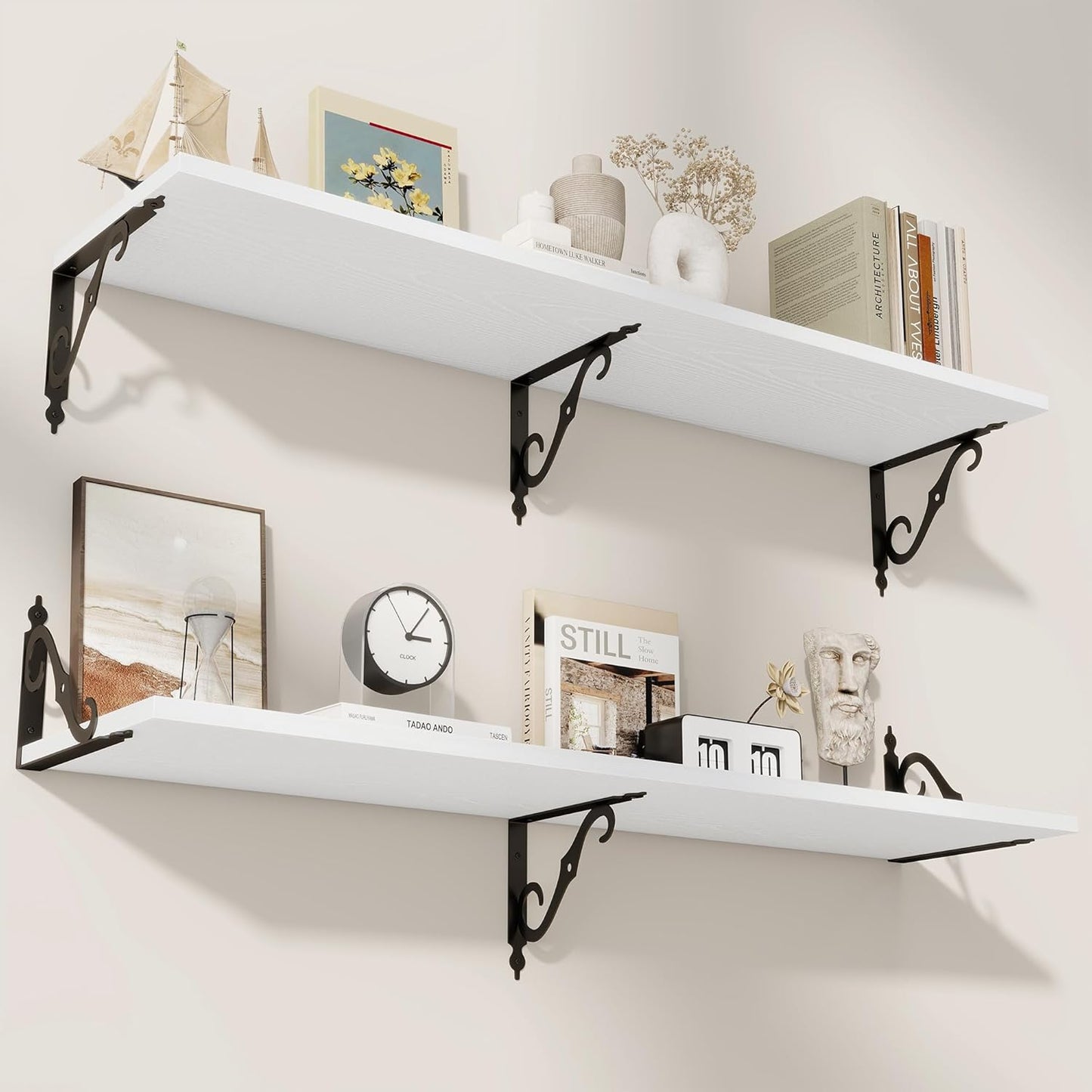 RICHFOCUS 12 Inch Deep Floating Shelves for Wall, 48" W x 12" D Wood Wall Shelves Set of 2, Wide Floating Shelves for Living Room, Bedroom, Kitchen, Bathroom and Decor Storage, White