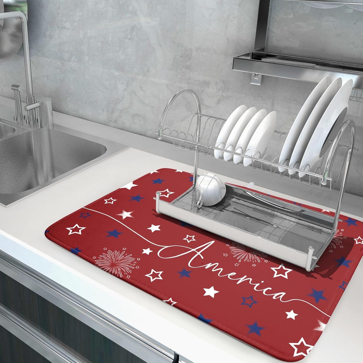 Giwawa 4th of July Dish Drying Mat 18"x24" Patriotic Usa Stars America Firework Dish Drainer Mats Independece Day Absorbent Microfiber Dish Drying Pad for Kitchen Countertop Large Decor