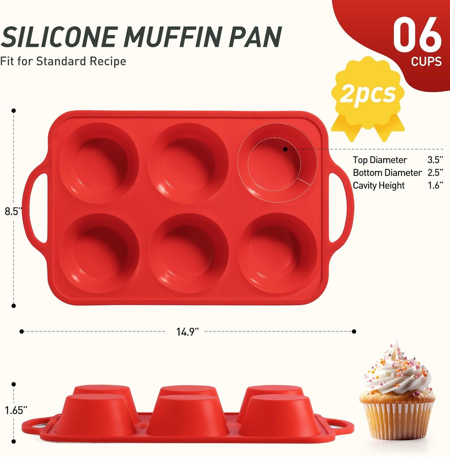 2 Packs 6 Cups Silicone Muffin Pan with Metal Reinforced Frame Jumbo Size Cupcake Pan Tray Egg Bites Cookie Molds Muffin Tin Tart Pans Moldes De Silicona Para Gelatina Hornear Flan Chocoflan