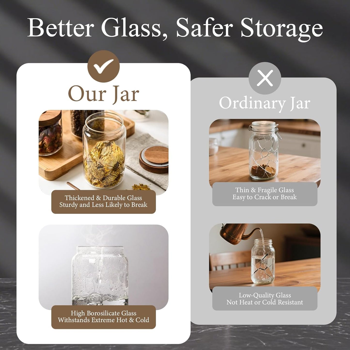 Glass Jars with Airtight Wood Lids - 12 oz Small Kitchen and Pantry Storage Containers, Canisters for Chia Seed, Ground Coffee, Sugar, Spice, Salt, Salad, Matcha, Set of 2