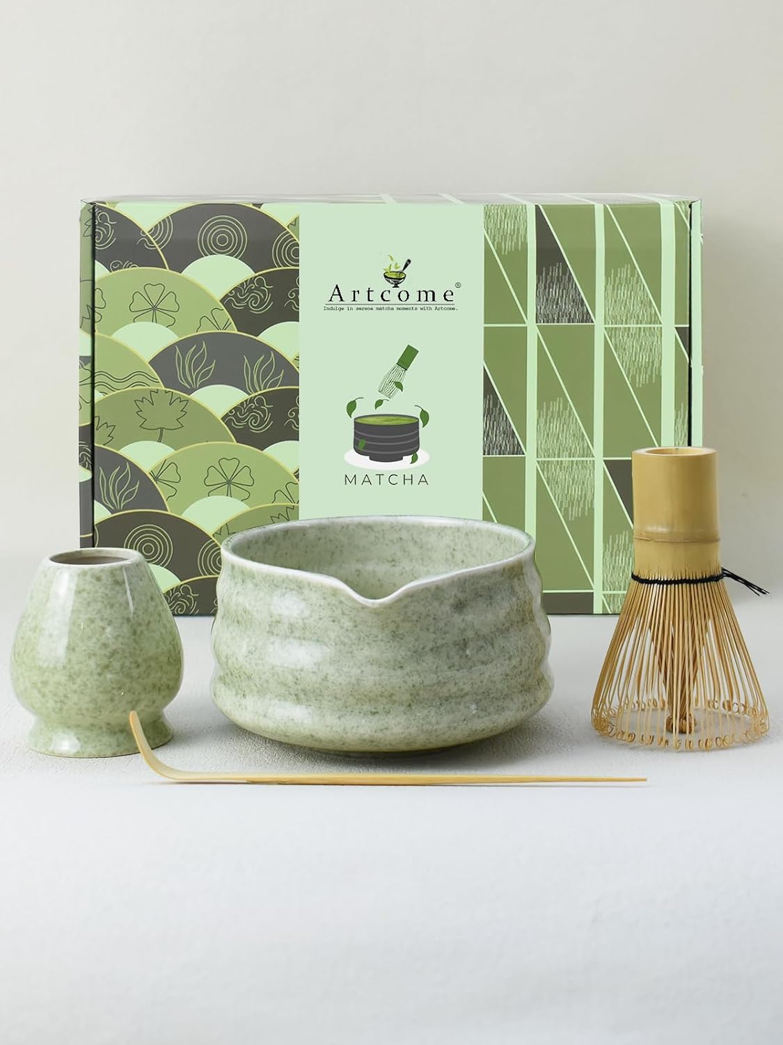Artcome Matcha Bowl Set with Pouring Spout – Ceramic Chawan, Bamboo Whisk, Whisk Holder, Tea Scoop, and Matcha Manual – Traditional Japanese Tea Set
