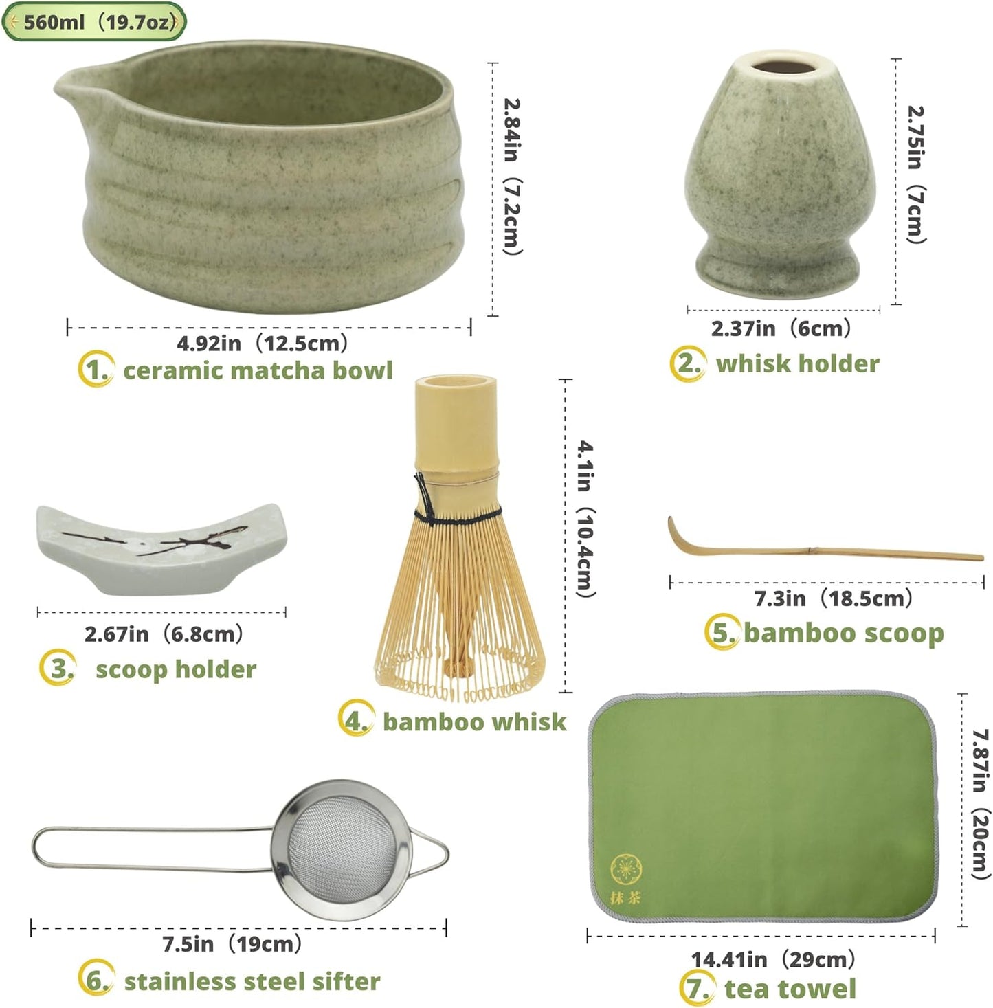 Matcha whisk Set,7 Pcs Matcha Making Kit with whisk Whisk, Ceramic Bowl, Sifter, Scoop, Holder, Stand, and Tea Towel for Ultimate Matcha Experience（Mottled Green）