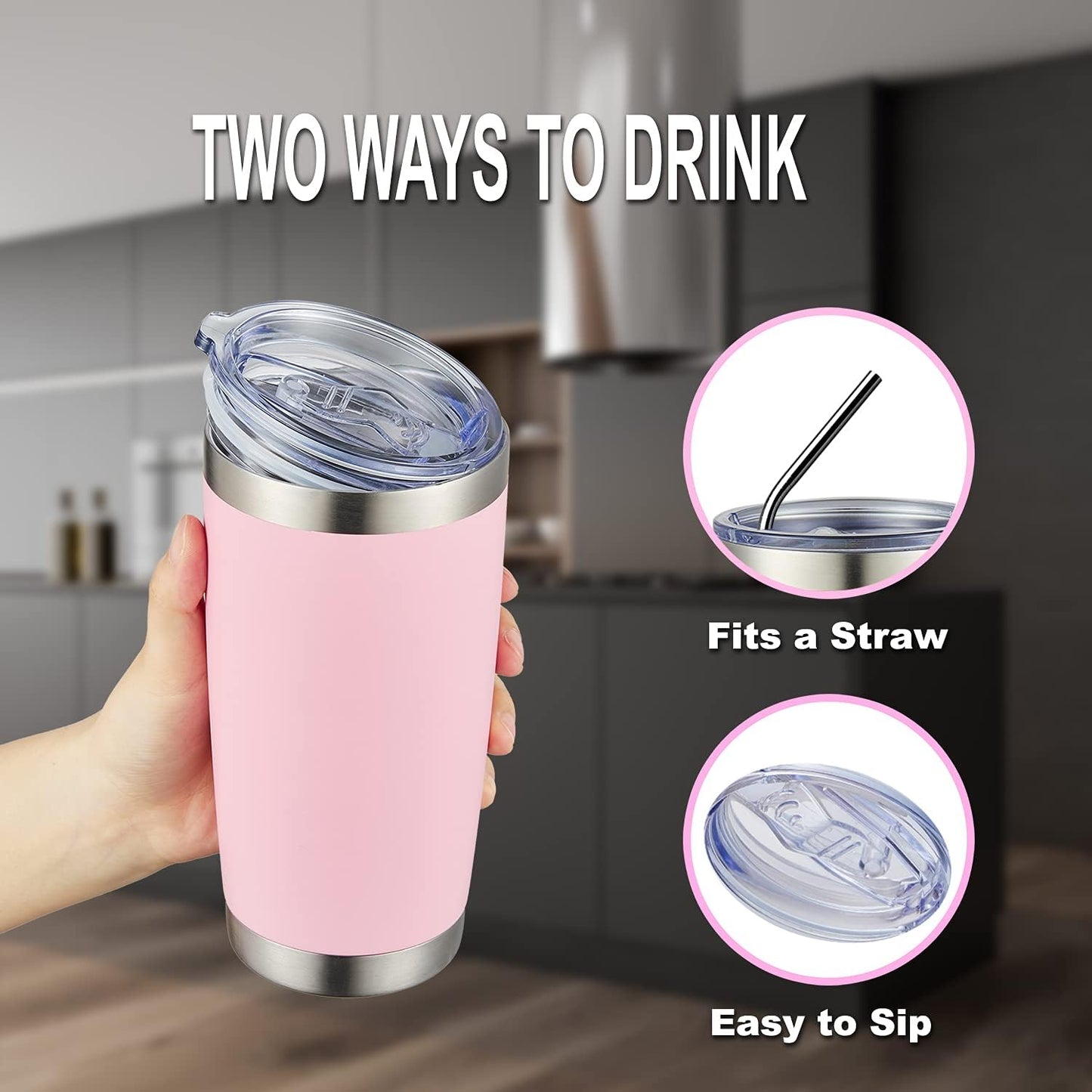 COMOOO 20oz 8 Pack Tumbler Double Wall Vacuum Insulated Coffee Travel Mug Stainless Steel Tumbler Bulk with Lid and Straw Insulated Coffee Cup for Cold & Hot Drinks (Pink, 8 Pack)