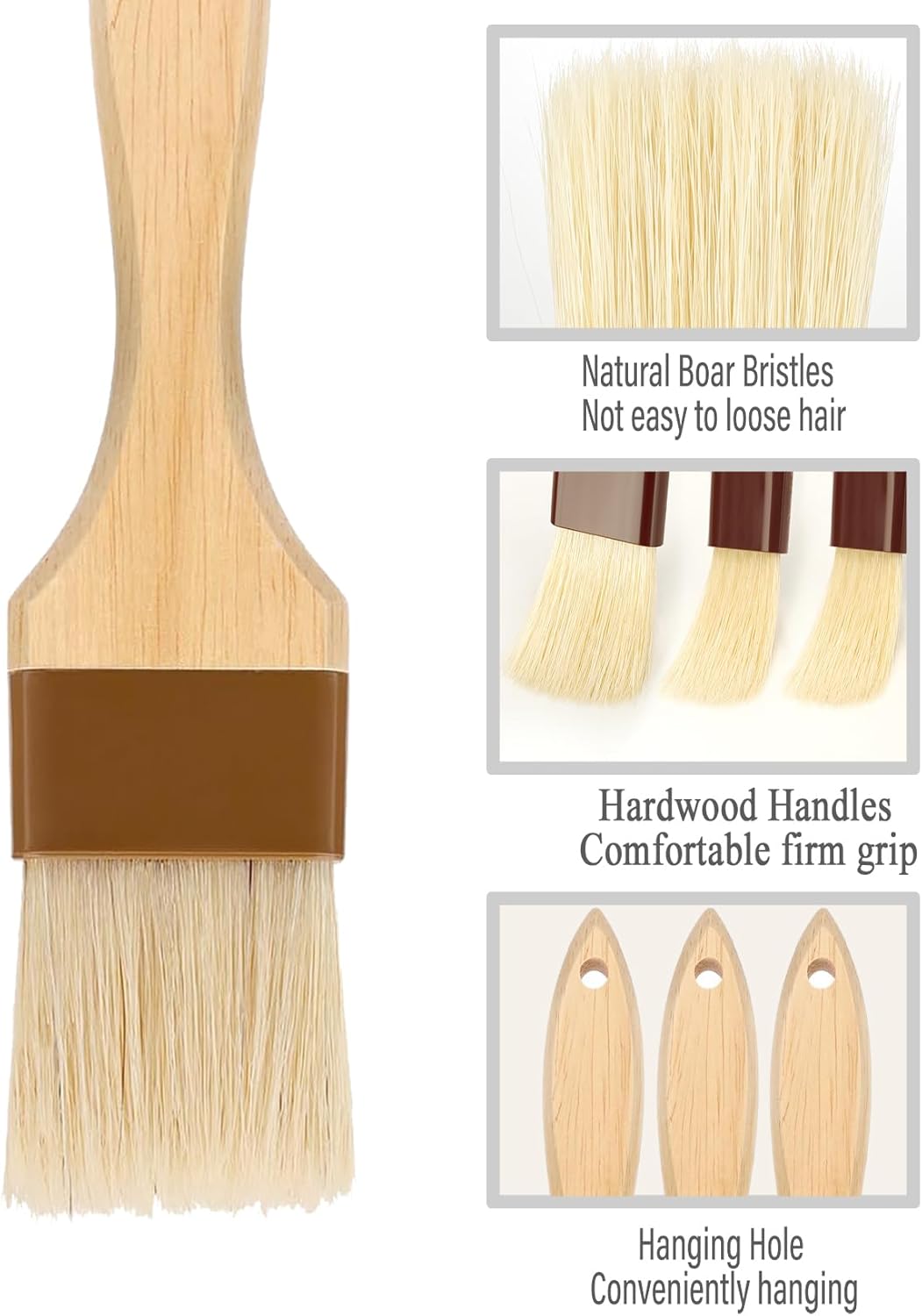 Pastry brush,Basting brush for Cooking,Natural Bristle BBQ Brush for Oil & Sauce,Wooden Handle Food Brush for Baking,Easy Clean Butter Brush,Durable Kitchen Culinary Utensil (1", 1 1/2 Inch,3 Pack)