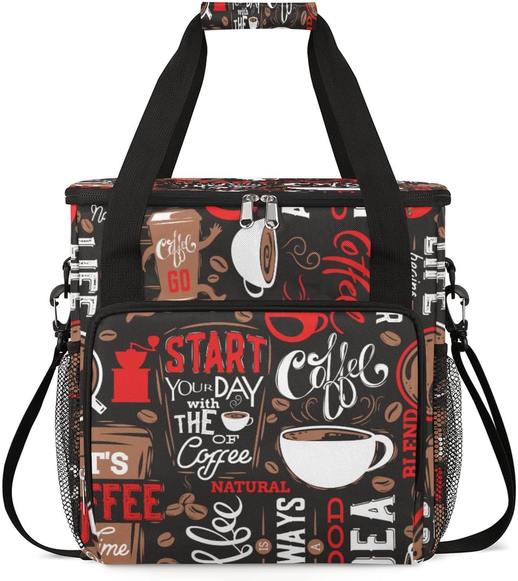 Red Start Day With Coffee Coffees Maker Carrying Bag Coffee Machine Travel Storage Tote Bag Compatible with K-Mini or K-Mini Plus, Portable Single Serve Coffees Brewer Case with Pockets for K-Cup Pods