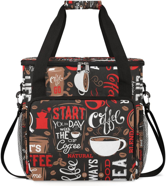 Red Start Day With Coffee Coffees Maker Carrying Bag Coffee Machine Travel Storage Tote Bag Compatible with K-Mini or K-Mini Plus, Portable Single Serve Coffees Brewer Case with Pockets for K-Cup Pods