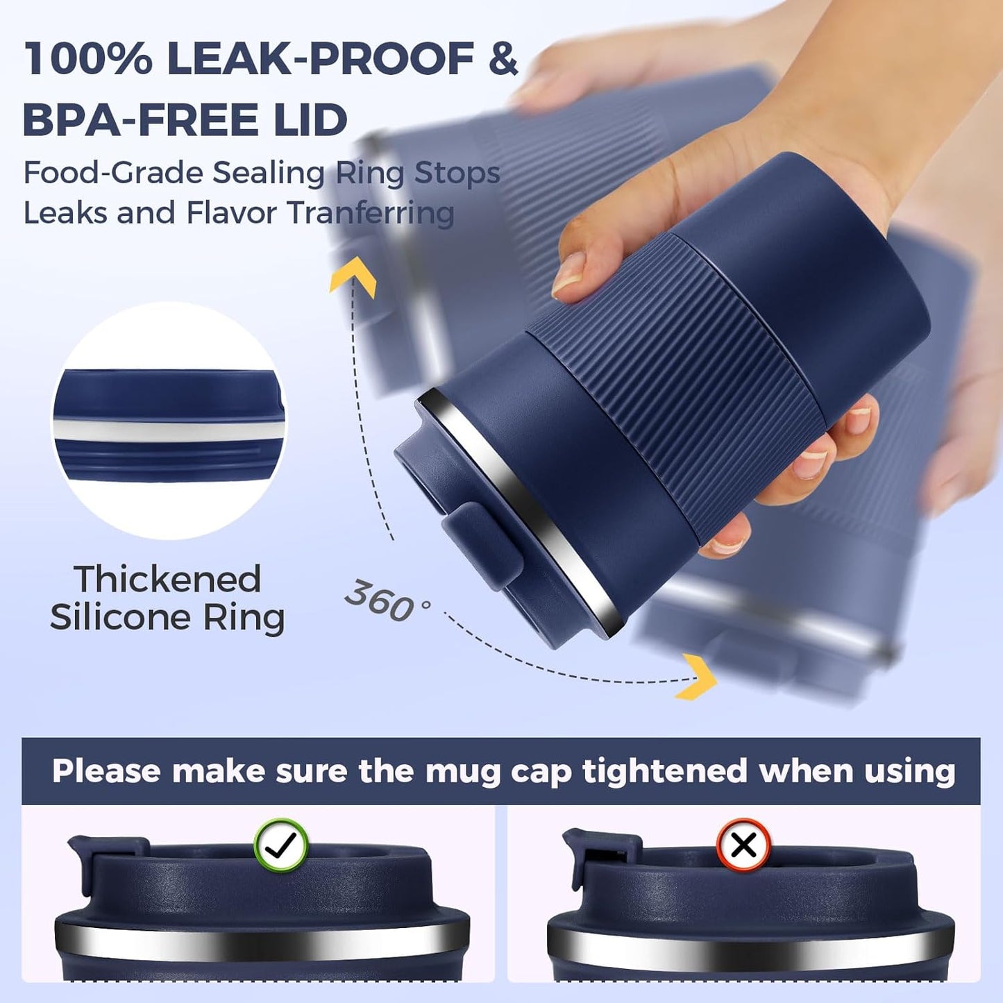 Volhoply 13 oz Stainless Steel Insulated Travel Coffee Mug with Fip Lid,Reusable Double Wall Vacuum Metal Coffee Cup,Portable to Go Leak Proof Cafe Thermal Tumbler for Hot & Cold Drinks(Navy,1)