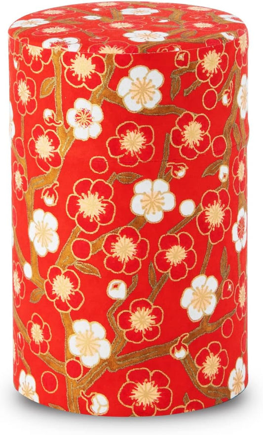 NOREN Japanese Tea Canister Tin (Yuzen Washi Paper), 3.5oz Size Made in JAPAN with Includes Inner Lid of Airtight Damp-Proof/Kitchen Jar for Loose Leaf Coffee Tea Spice and More (Plum/Red)