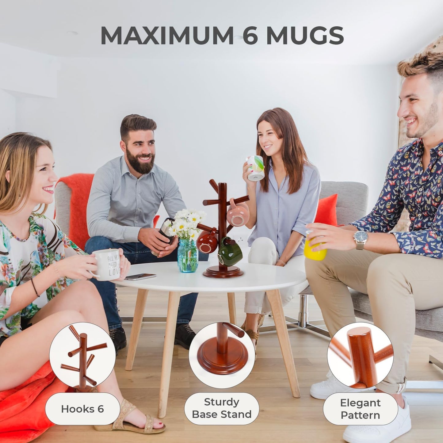 Pack 2 Mug Tree 6 Hooks Rubberwood 13.5"x7"x7", Strudy & Thick Base, Large & Small Cup Holder Tree Wooden for Jewelry, Kitchen Tools, Pantry, Ornaments, Countertop, Table Organizer (Brown)