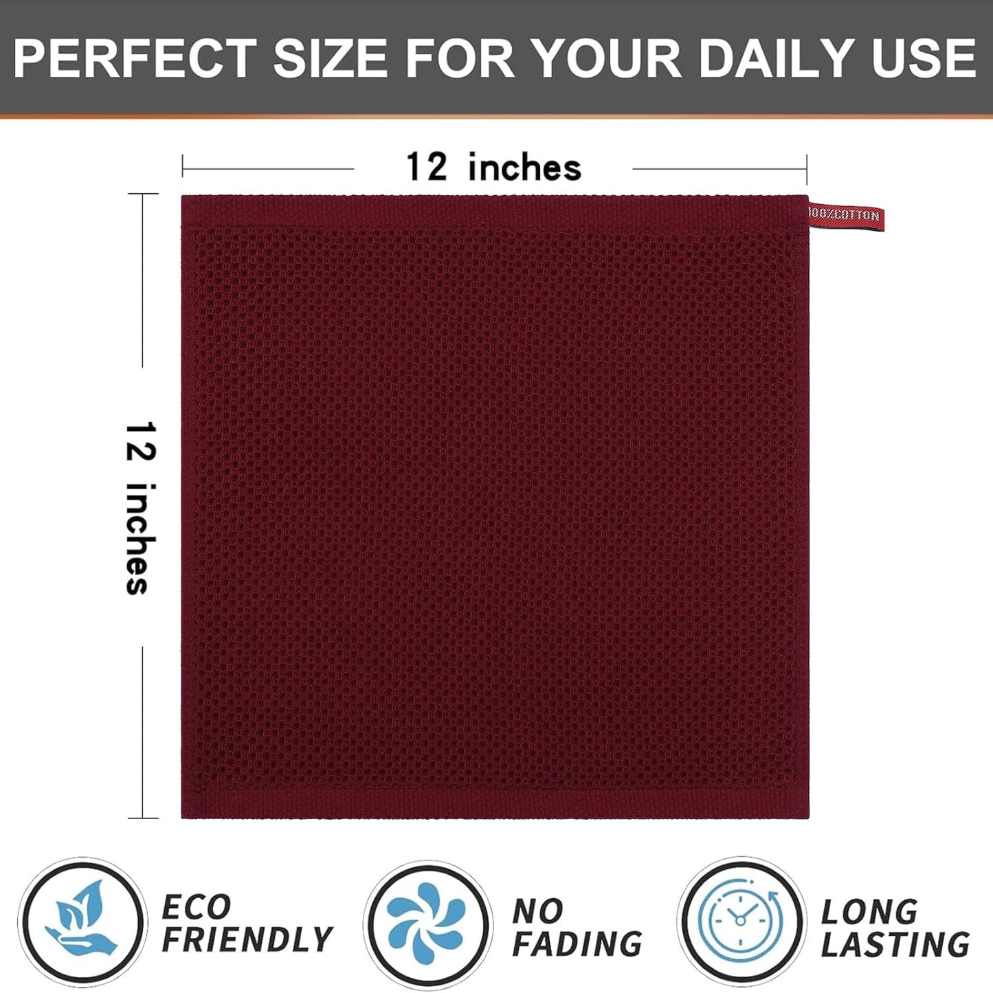Kitinjoy 100% Cotton Kitchen Dish Cloths, 6 Pack Waffle Weave Ultra Soft Absorbent Dish Towels for Drying Dishes Quick Drying Kitchen Towels Dish Rags, 12 X 12 Inches, Burgundy