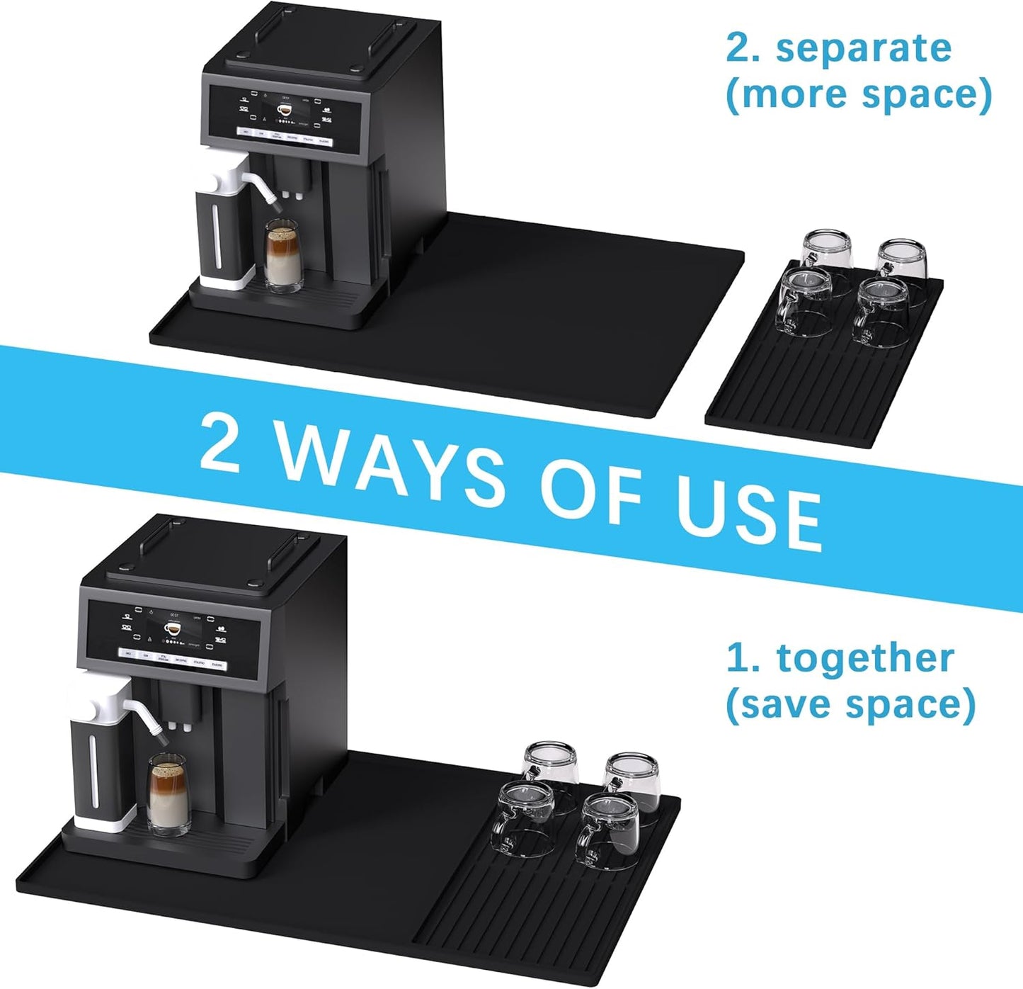 Golener Silicone Coffee Mat Set - 24" x 16" Coffee Bar Mat for Countertop, Kitchen Station Pad Accessories Fit Under Coffee Maker or Machine, Dish Drying Mat, Heat Resistant Kitchen Gadget, Black