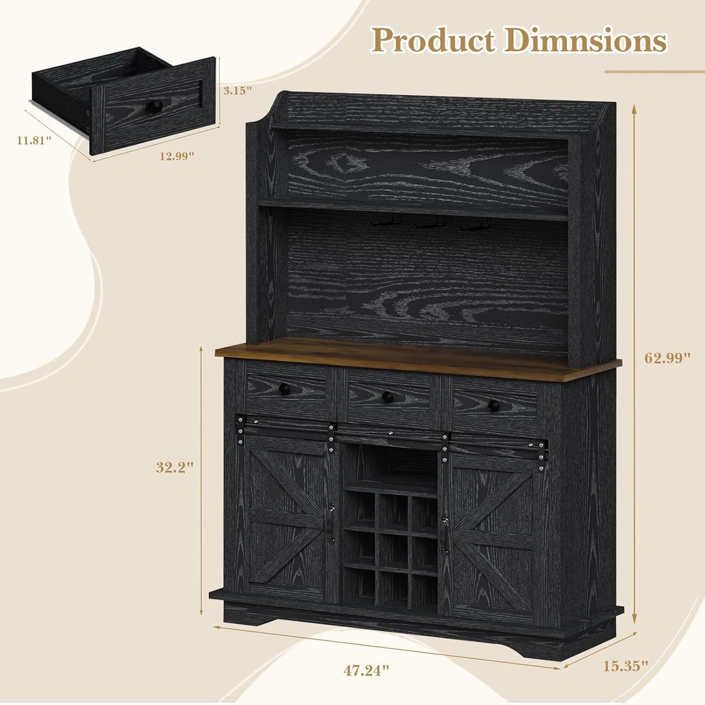 63 Inch Tall Coffee Bar Cabinet with 3-Tier Storage, Kitchen Hutch with 3 Drawers, Farmhouse Coffee Bar with 9 Racks & 3 Glass Holders, Wine Bar Cabinet for Living Dining Room, Black