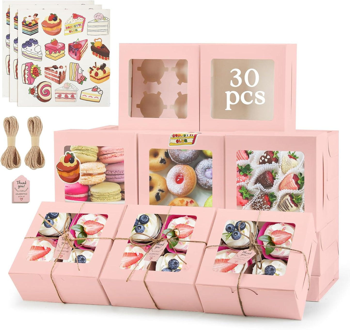 OAMCEG 30 Pack Cookie Boxes with Window, 6x6x3 Inches Pink Cupcake Boxes, Bakery Treat Boxes with Stickers & Twine for Pastry, Desserts, Strawberries, Cupcakes, Gift Giving