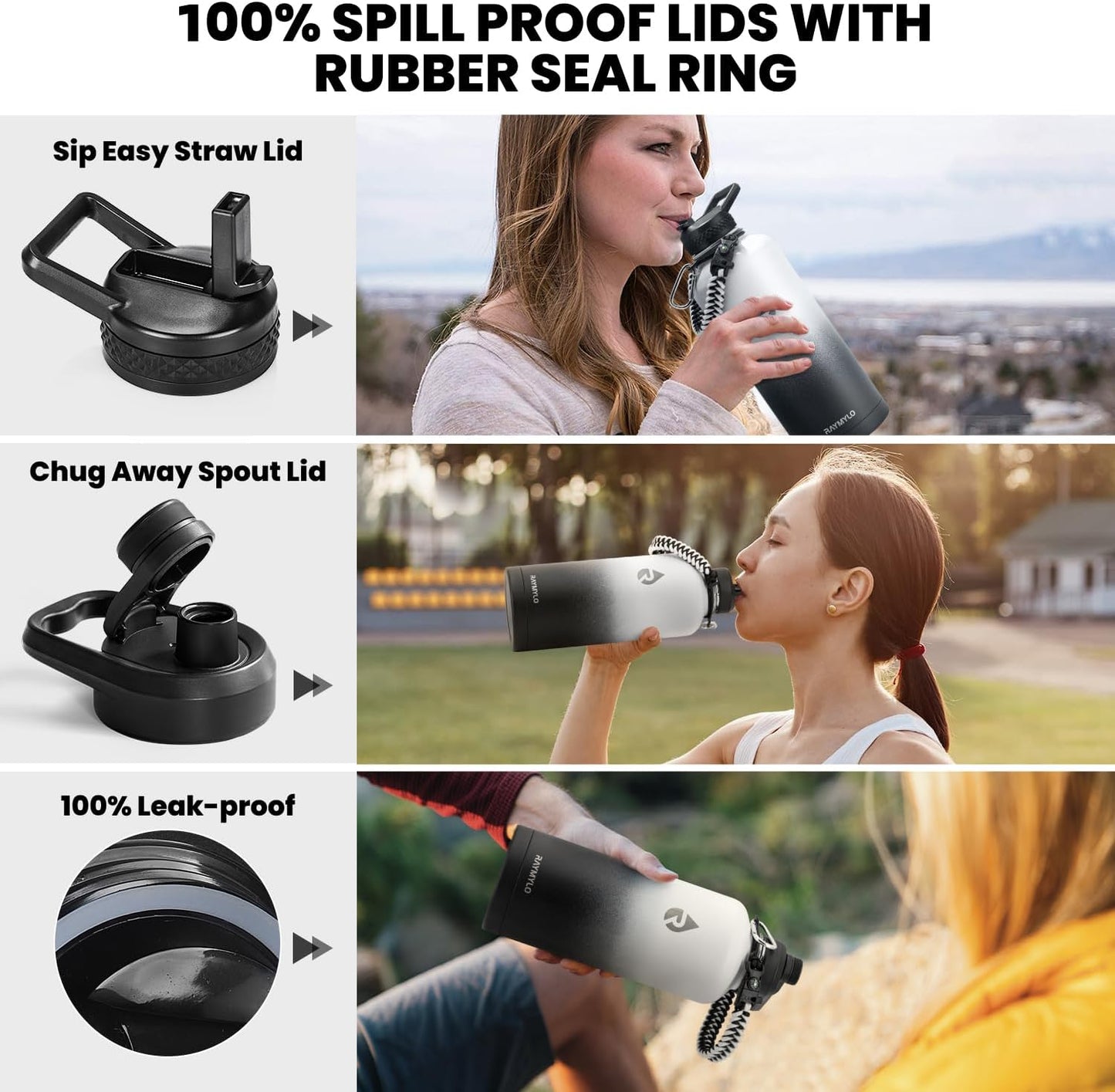 Insulated Water Bottle 87 oz, Triple Wall Vacuum Stainless Steel (Cold for 48 Hrs), Leak Proof & Non-BPA, Modern Water Flask Jug with Paracord Handle & Straw Spout Lids, Ombre: White/Black