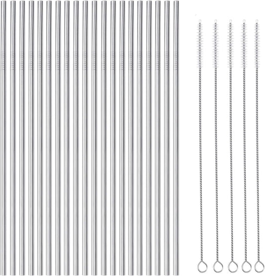 25 Piece Set Stainless Steel Straws Long 8.5 Inch Drinking Metal Straws Reusable Drinking Straws for 20 OZ (20 Straight| 5 Brushes)