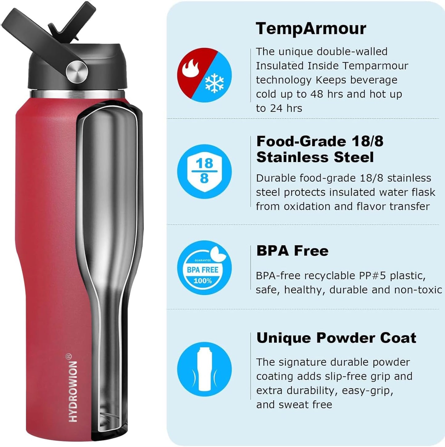 HYDROWION 40 oz Insulated Water Bottle with Straw fit in Car Cup Holder(Cold 48 hrs, Hot 24 hrs) Drinking Bottle with Straw Lid, Spout Lid and Flex Cap Leakproof Travel Thermo Mug，Red