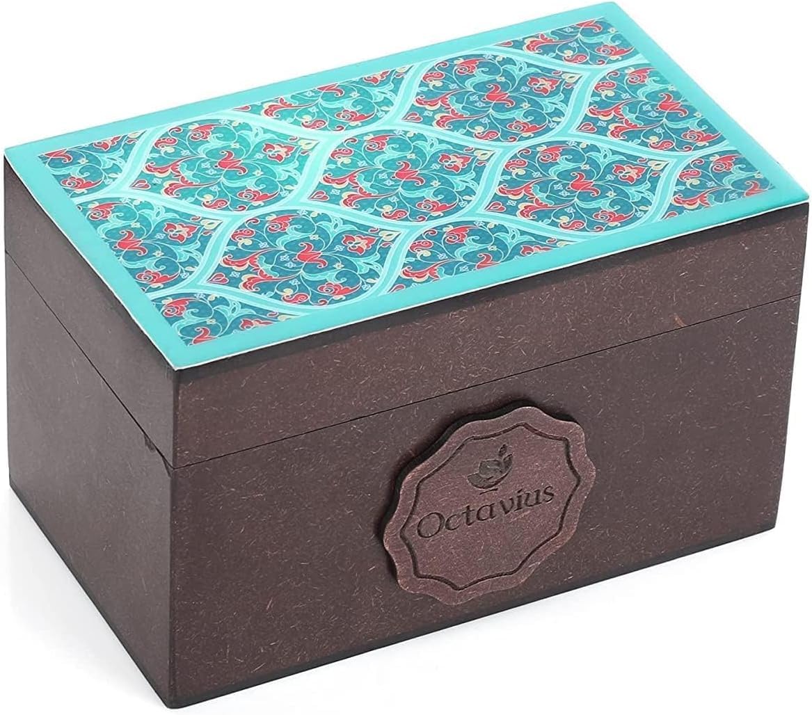 Octavius Assorted Tea Gift Set | 6 Assorted Black & Green Teas | 30 Teabags | Wooden Tea Sampler Pack w/Ornate Floral Design | Pack of 2 | Mothers Day Tea Gift Box