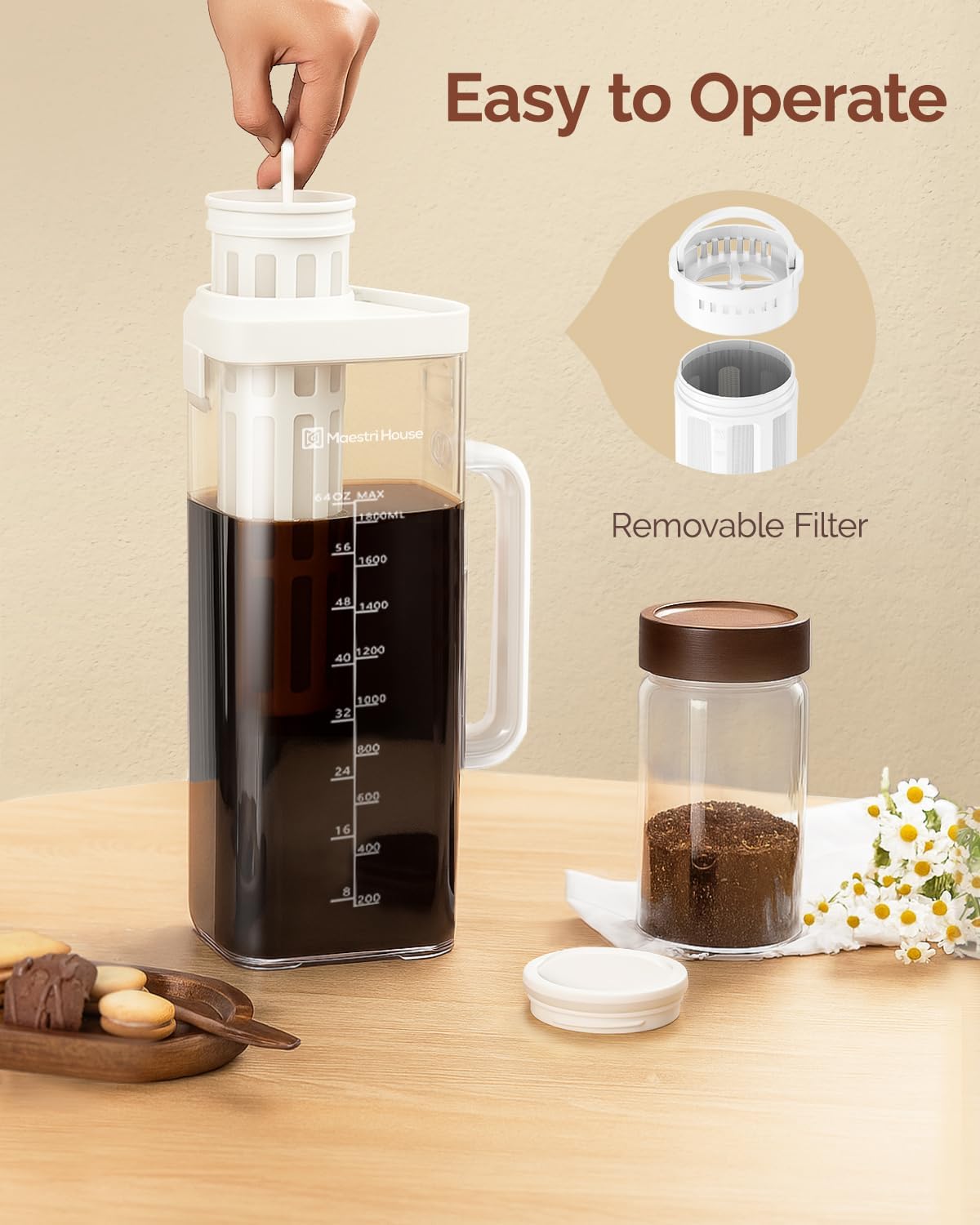 Maestri House Compact Cold Brew Coffee Maker, 64oz Iced Tea and Coffee Maker Brewer Space Saving Tritan Pitcher, 350 Mesh Filter, 100% Leak-Proof