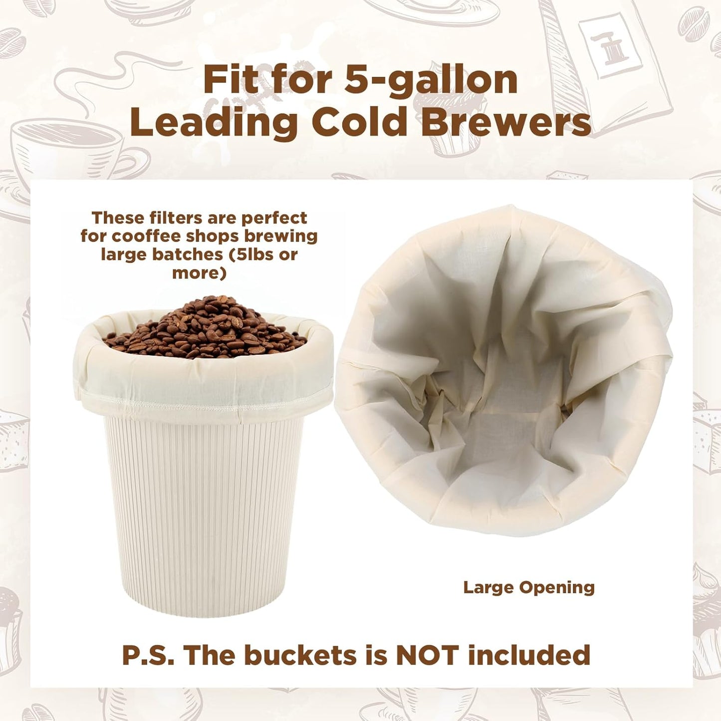 Tioncy 2 Pcs 20 x 20 Inch Large Reusable Cold Brew Coffee Bag Reusable Organic Cotton Cold Brew Filter Bags Washable Coffee Filter Pouch with Easy Open Drawstring Pitchers 5 Gallon Systems up to 5 LBS