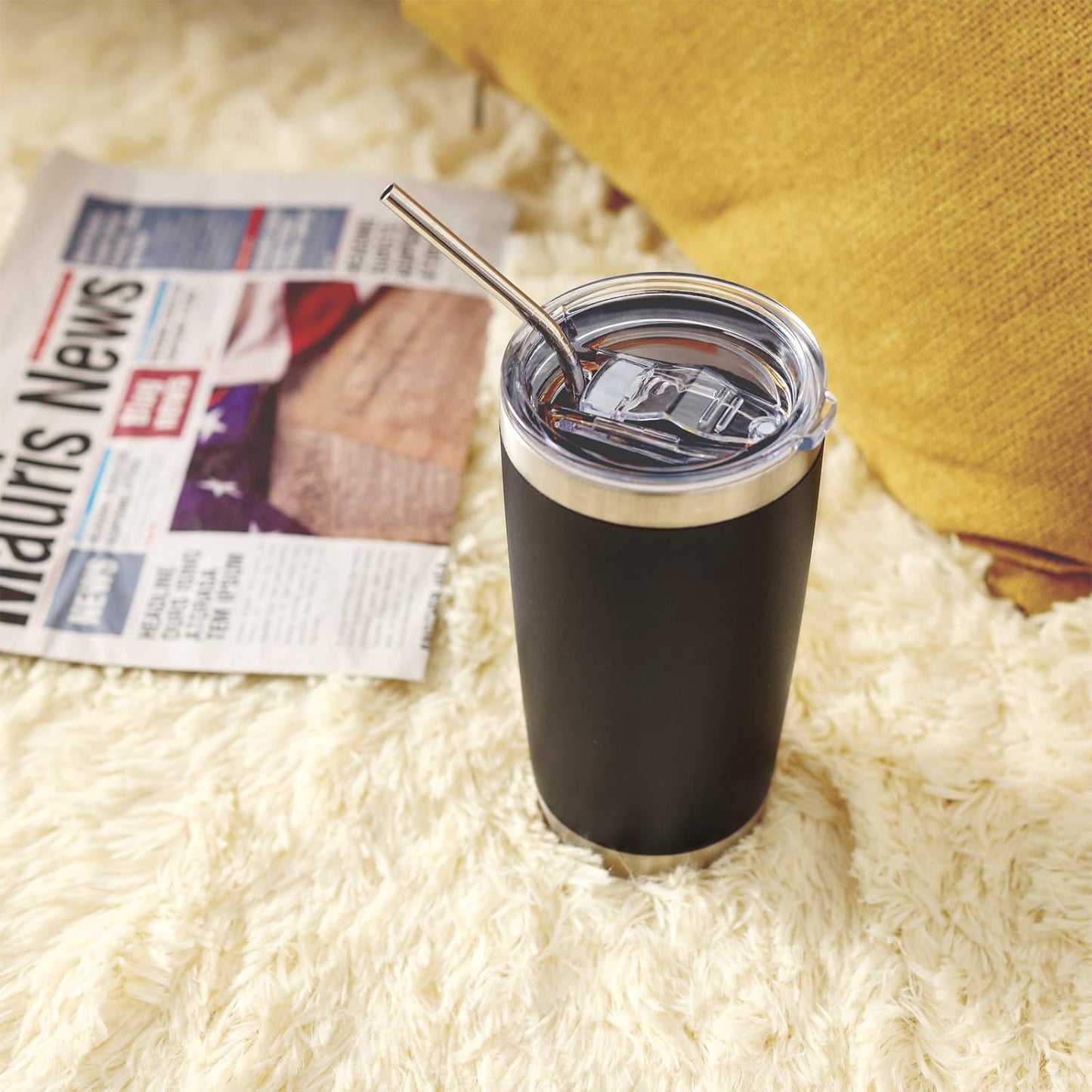 COMOOO 20oz Black Tumbler Double Wall Vacuum Insulated Coffee Travel Mug Stainless Steel Tumbler with Lid and Straw Coffee Cup for Cold Drinks & Hot Beverage, Home and Outdoor (Black, 6 Pack)