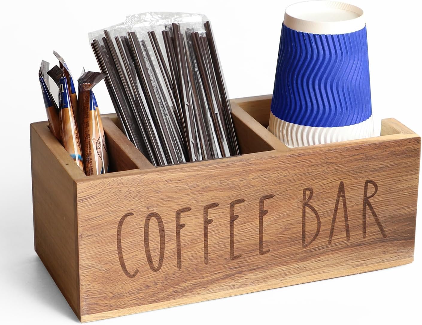 Acacia Wood Station Organizer,Coffee Station Organizer for Cup Lid Stirrers Pod, Disposable Coffee Cup Holder, Farmhouse Accessories Decor, Brown Labeled COFFEE BAR
