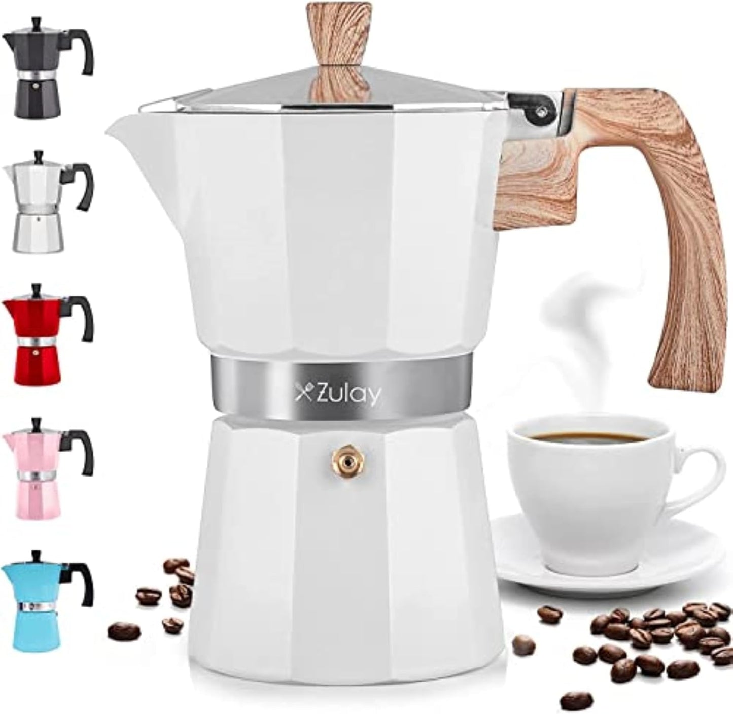 Zulay Kitchen Stovetop Espresso Maker - Moka Pot 6 Espresso Cups - Percolator Coffee Maker for Classic Cuban & Italian Style Espresso - Portable Coffee Maker for Camping & Travel - (White)