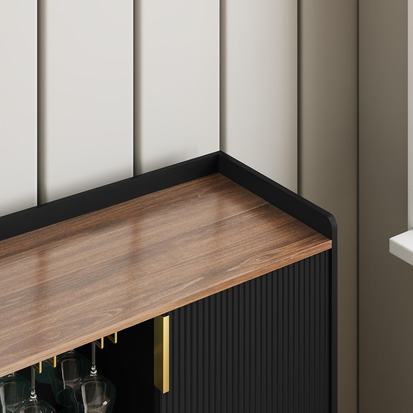 ARTPOWER 48" Wine Bar Cabinet with Fluted Texture, Modern Buffet Sideboard with Wine Rack and Glass Holder, Liquor Coffee Station with Storage for Kitchen, Living Room, Home Bar, Black